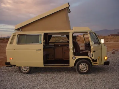 Beige VW Vanagon Westfalia with sliding door open